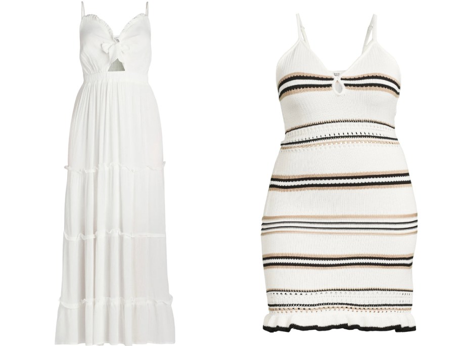 long white dress and white and black striped dresses