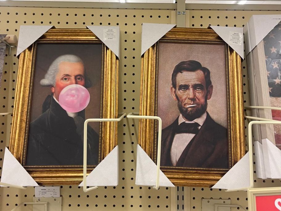 george washington and abraham lincoln wall art hanging in store