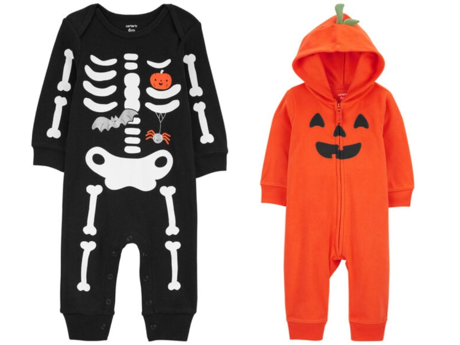 baby skeleton onesie and baby pumpkin onesie with hood