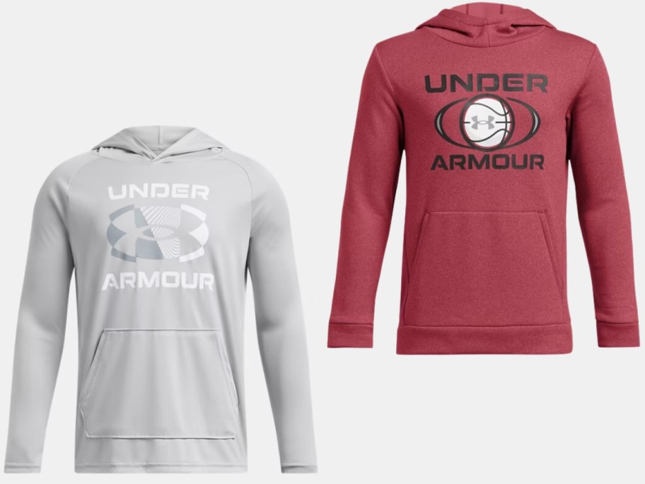 boys grey and brick red under armour hoodies