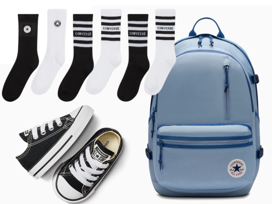 black Converse kids shoes, 6 Converse kids socks and a blue Converse backpack