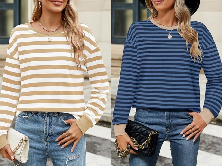 women wearing striped long sleeve tops and jeans