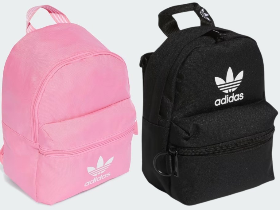 small pink adidas backpack and mini black adidas backpack