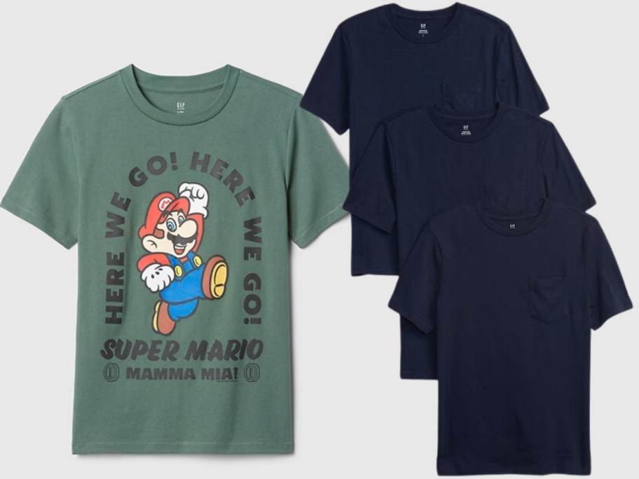 green Super Mario kids t-shirt and 3 navy blue kid's t-shirts