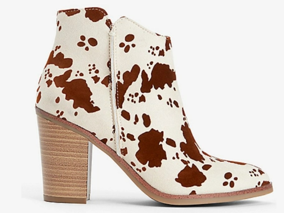 brown and cream cow print women's stacked high boot