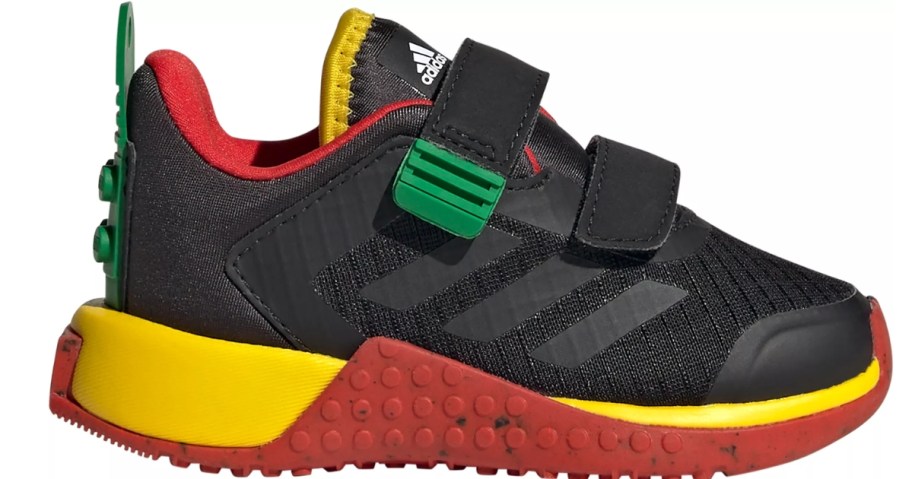 black, yellow, red and green little kids adidas shoe