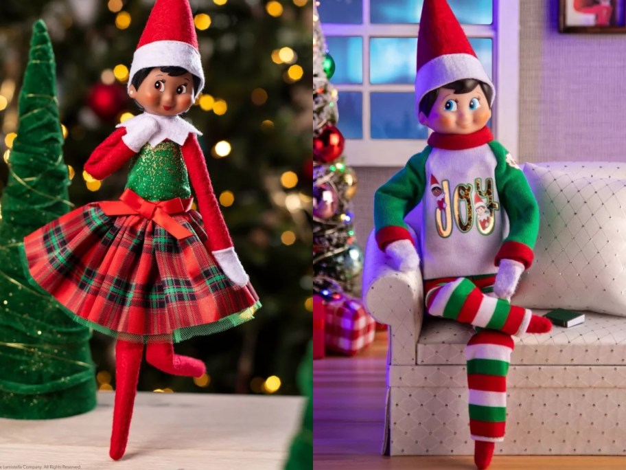 girl Elf on the Shelf in a red and green plaid dress and boy Elf on the shelf in Christmas pajamas