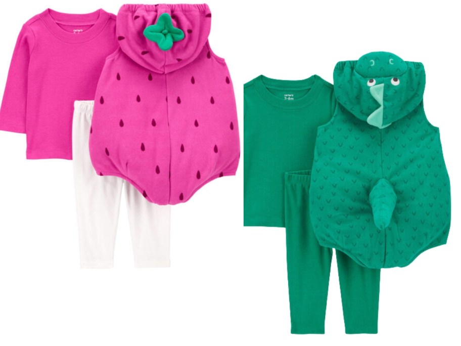 a pink baby strawberry Halloween costume and green dinosaur costume