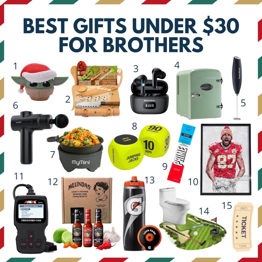 collage graphic of best gifts for brothers under $30 with various stock photos of ideas