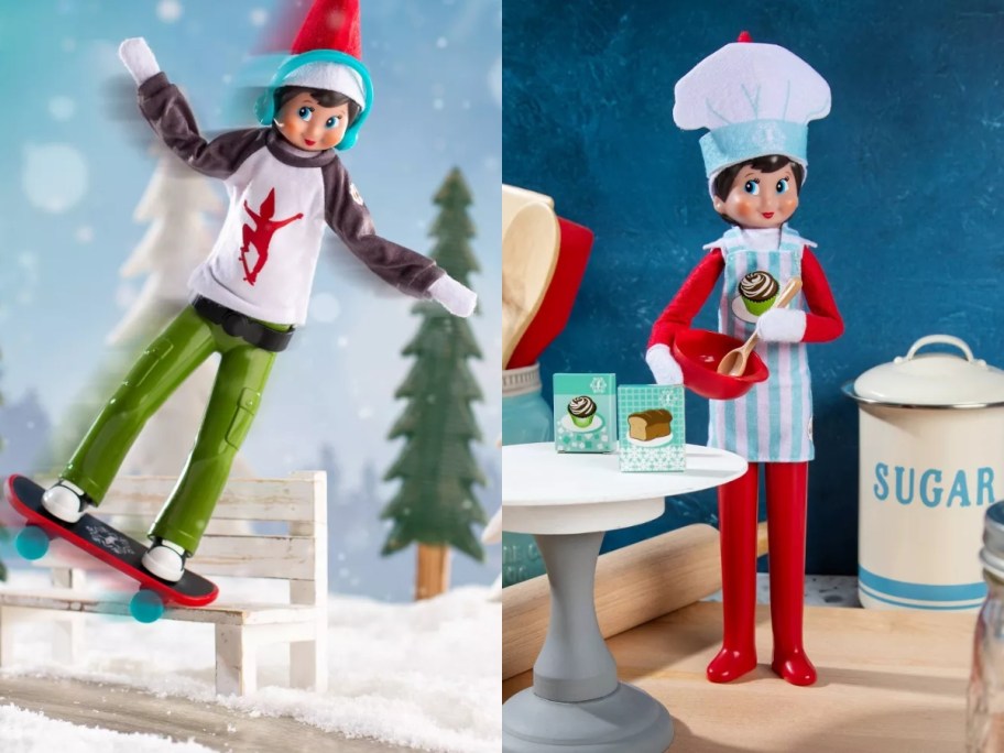 boy Elf on the Shelf in a Skateboarding outfit and another Elf in an apron and chef's hat with toy baking items