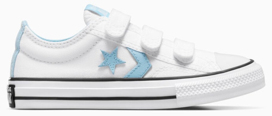 white and blue low top kids Converse shoes