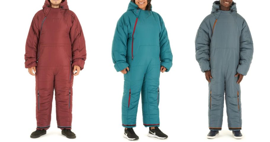 three people wearing Selk'Bag Original Recycled Wearable Sleeping Bags