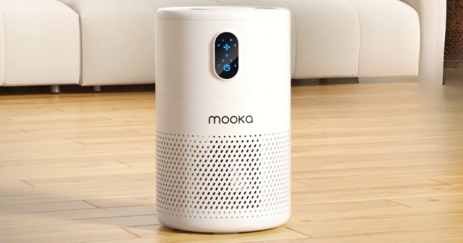 white MOOKA brand HEPA air purifier in a living room