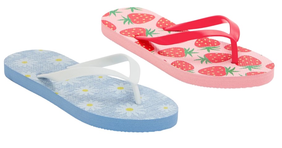 women's blue daisy and pink strawberry flip flops