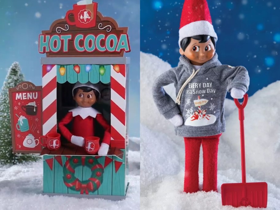 Elf on the Shelf in a Hot Cocoa stand and Elf in the Shelf in a hoodie with a snow shovel