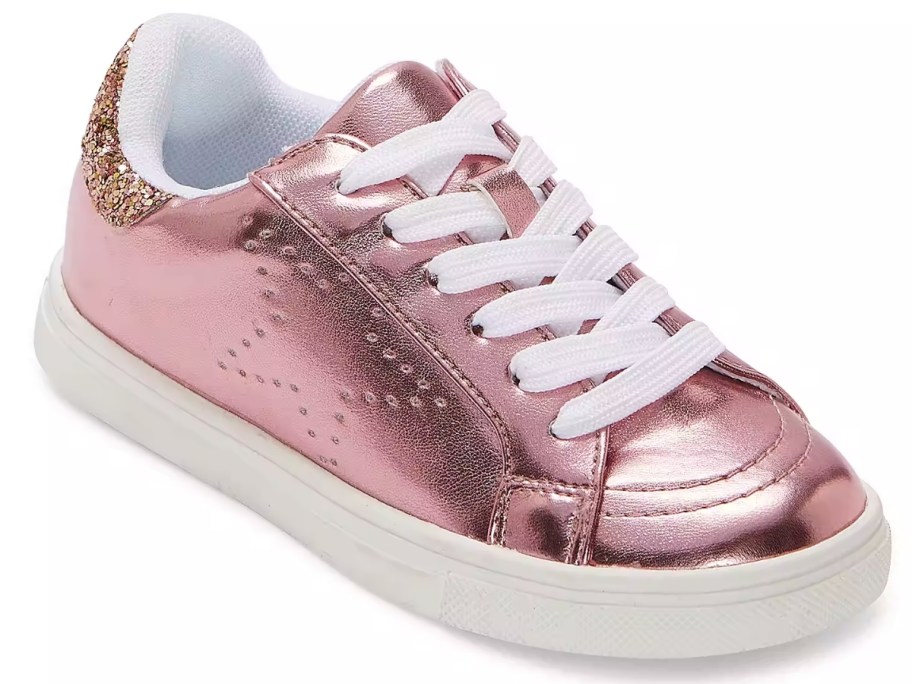 girl's pink shiny lace up sneaker with glitter heel and star on the side