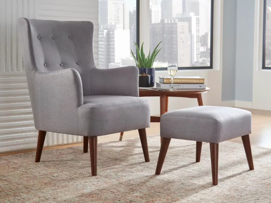 grey wingback accent chair with matching ottoman