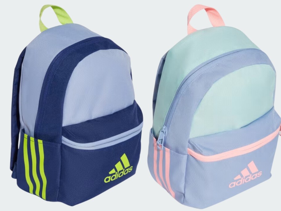 blue and yellow and light blue and pink kids adidas backpacks