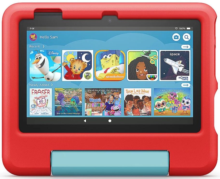 a red amazon fire kids tablet stock image