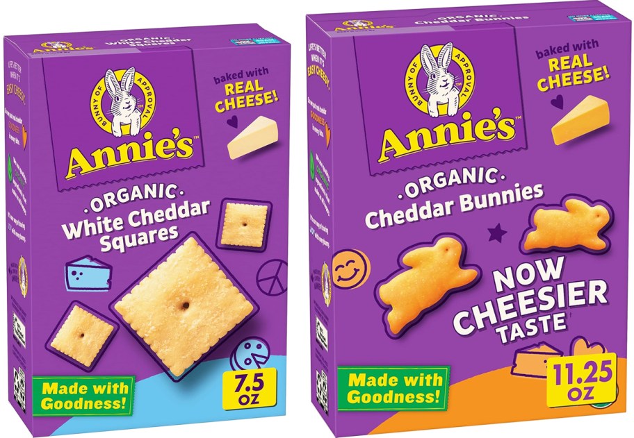 two purple boxes of Annie's crackers