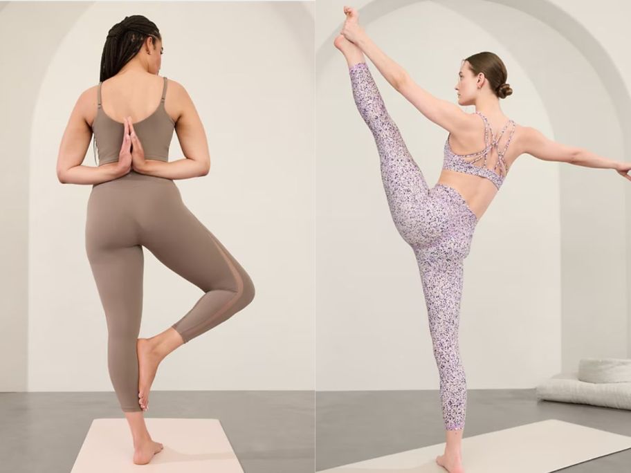 Two women doing yoga while wearing Athleta Leggings