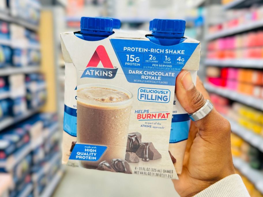 Atkins Gluten Free Protein-Rich Shake in Dark Chocolate Royale 4-Count in hand in store