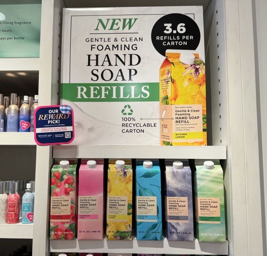 bath and body works hand soap refills in a store wall display