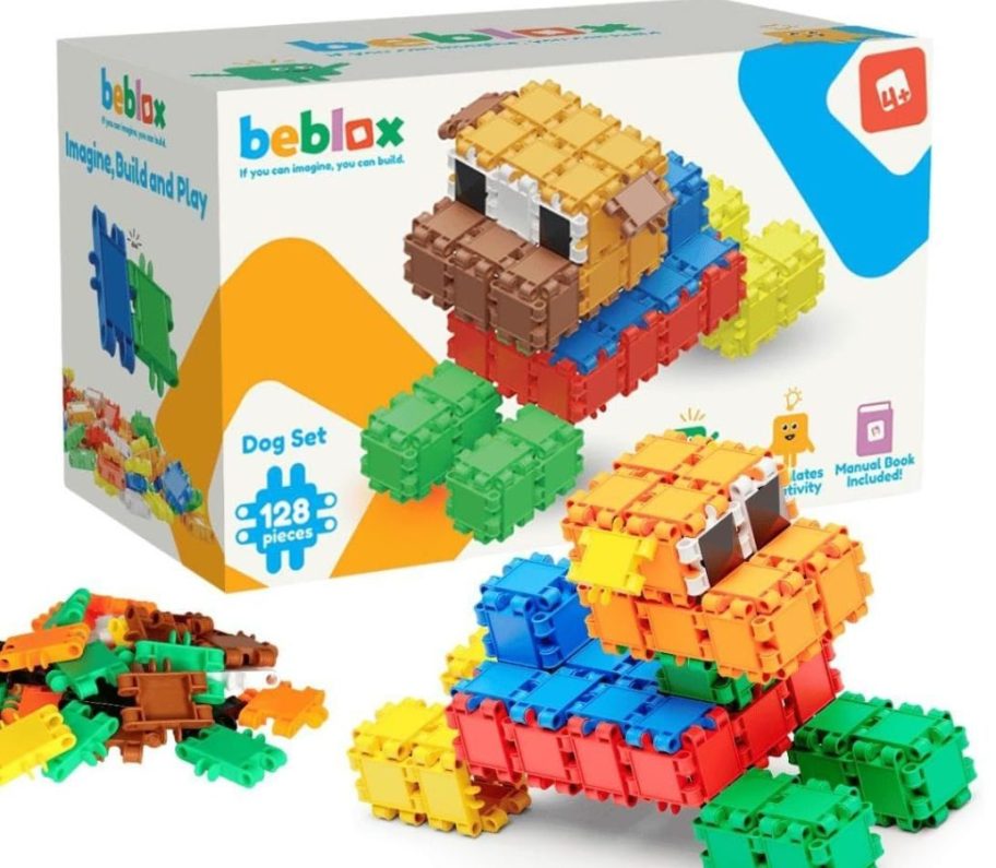 Stock image of the BEBLOX Building Blocks 128-piece Dog Set 