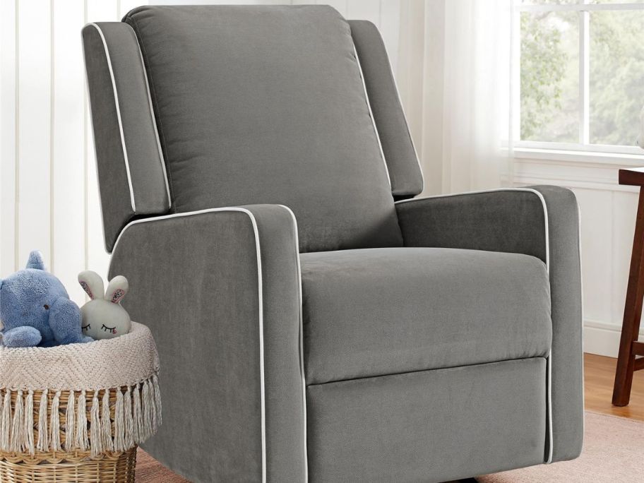 A gray Baby Relax Robyn 2-in-1 Nursery Rocker Recliner