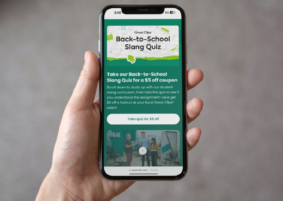 Great Clips Site on Phone showing the $5 off coupon for the Back to School Slang Quiz 