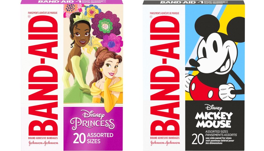 two boxes of Band-Aid Bandages Disney Princess and Mickey Mouse prints