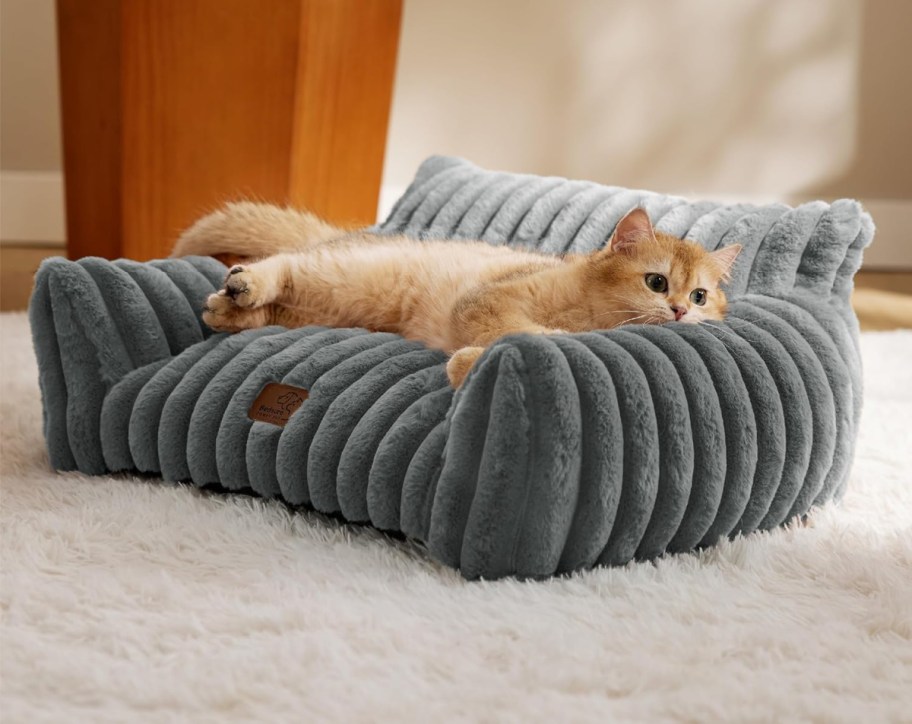 A cat sprawled out on a Bedsure cat couch from Amazon