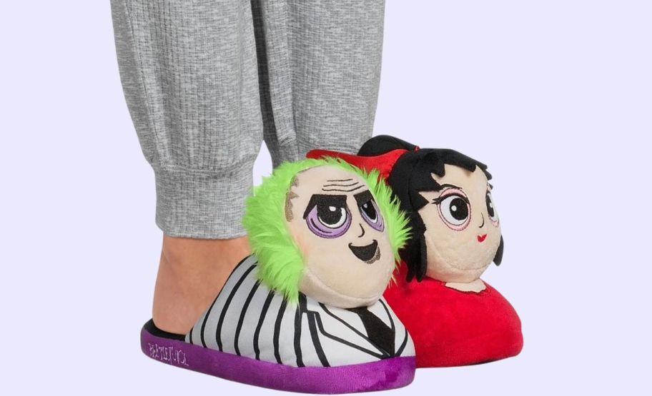 a pair of beetle juice slippers featuring beetle juice and Lydia