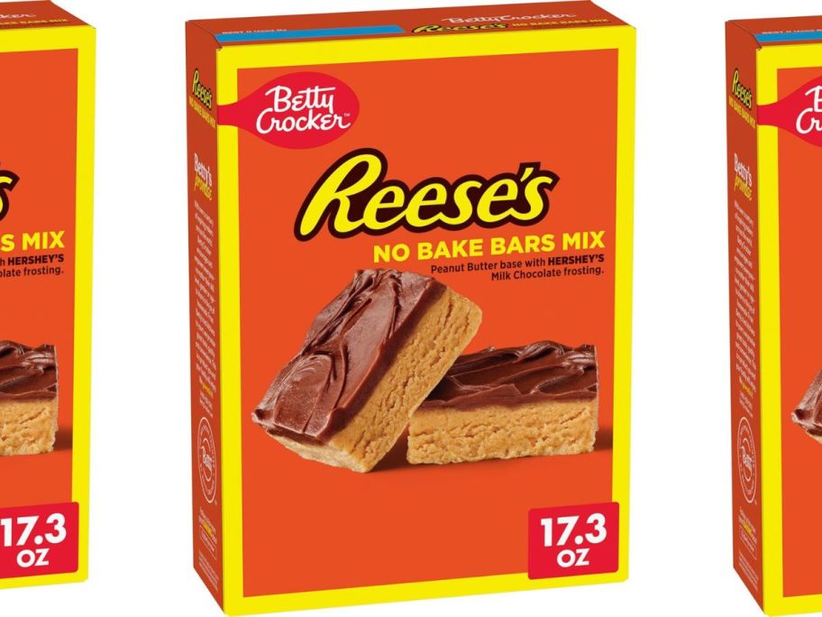 orange and yellow boxes of Betty Crocker Reese's Peanut Butter No Bake Bars Mix