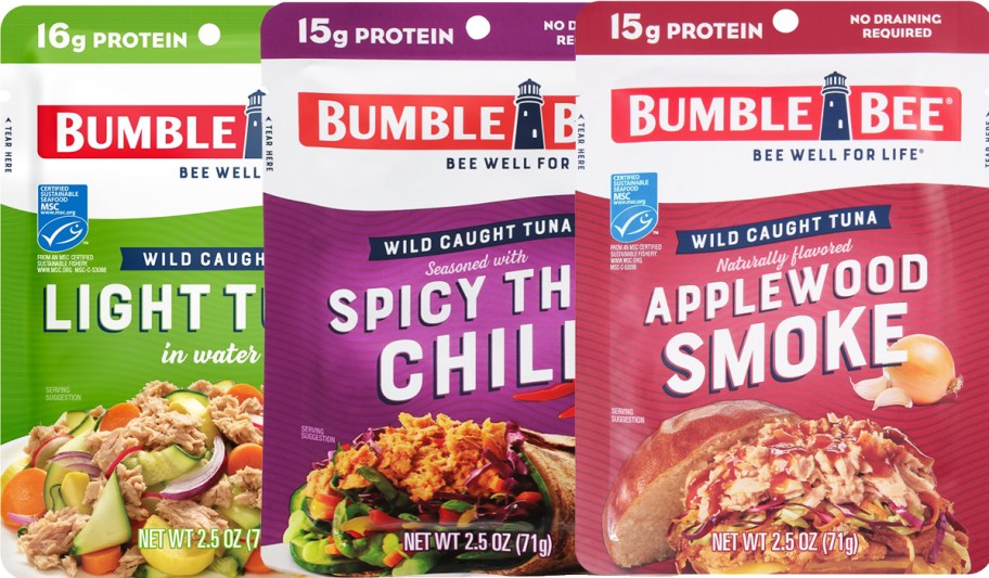 three flavors of Bumble Bee Tuna Pouches