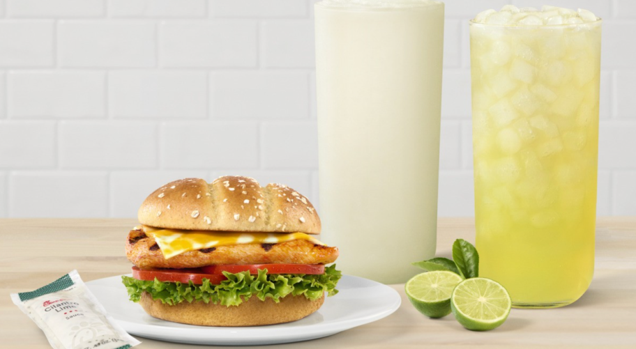 The CFA Spicy Chicken Deluxe sandwich and Key Lime Drink