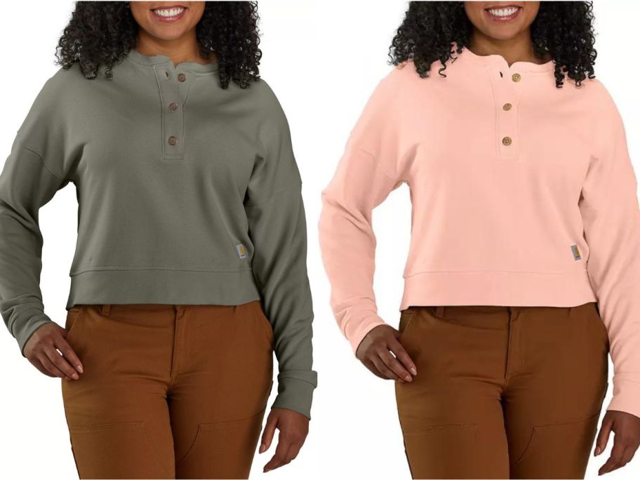 Stock images of two women wearing Carhartt Women's French Terry Henley Sweatshirt