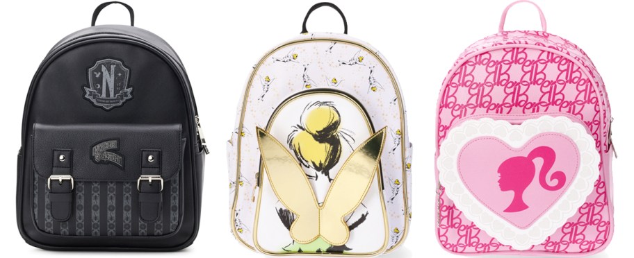 Wednesday Addams, Tinkerbell, and Barbie mini backpacks