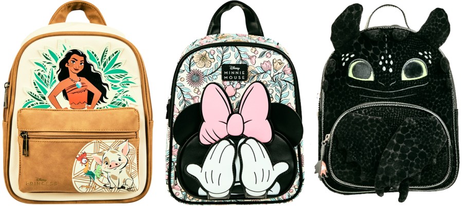 moana, minnie mouse, and dragon mini backpacks