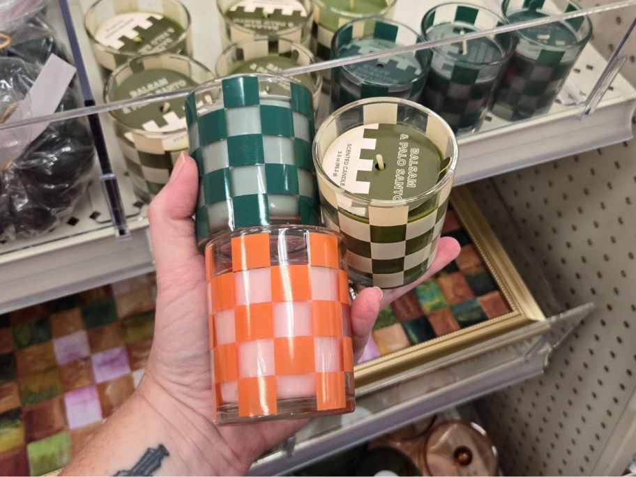 Checkered Candles in hand in store