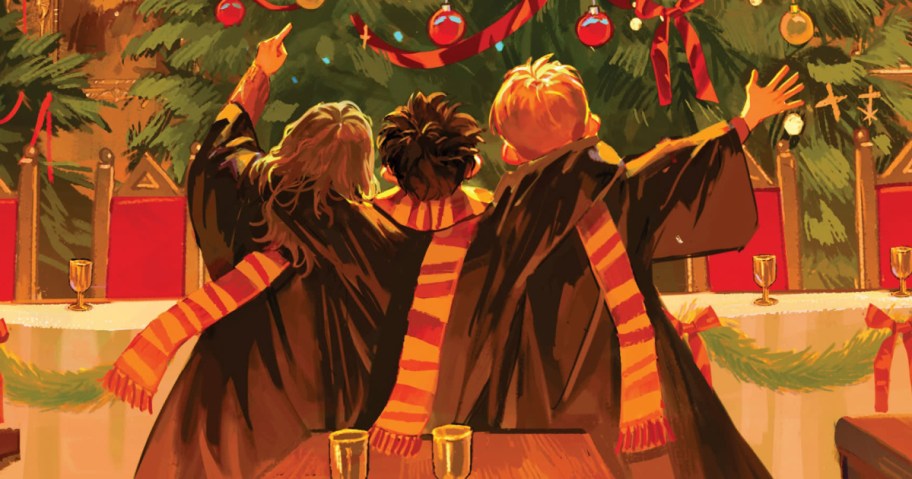 illustration of the back view of three children in a harry potter book