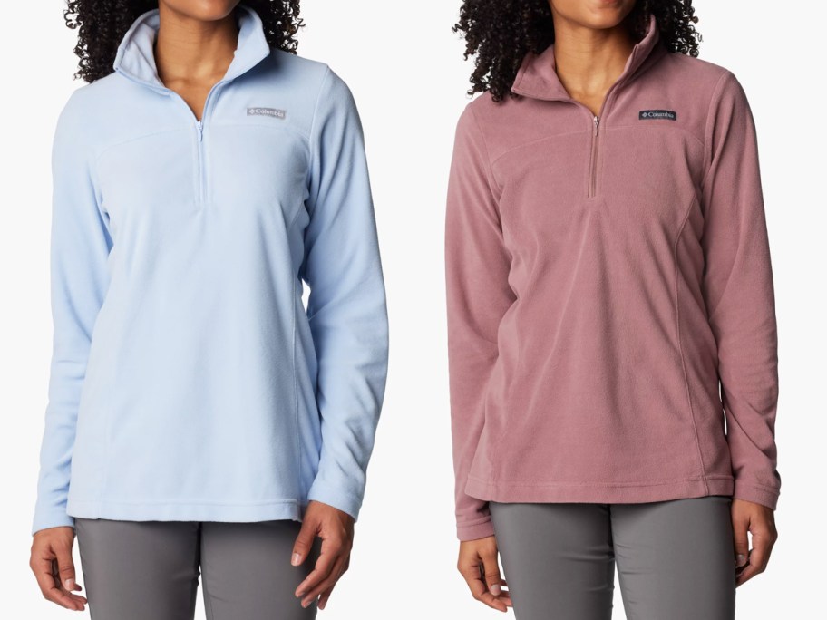 two women in light blue and dusty rose fleece jackets