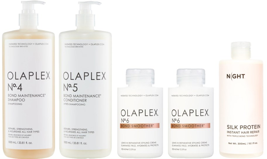 multiple bottls of olaplex and night hair bond treatments