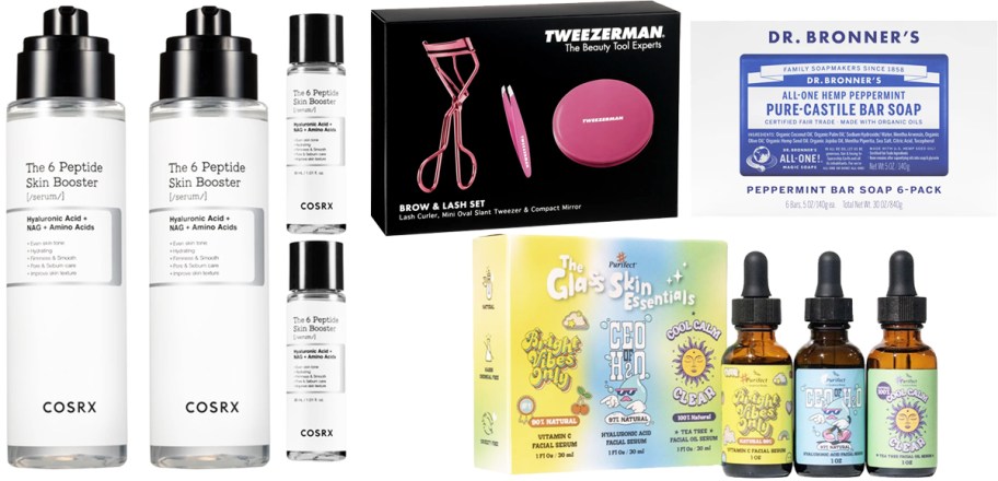 COSRX, Purifect, Dr Bronner's, and Tweezerman beauty products