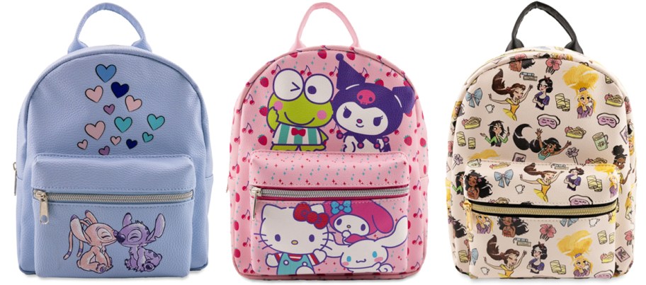 stitch, hello kitty, and disney princess mini backpacks