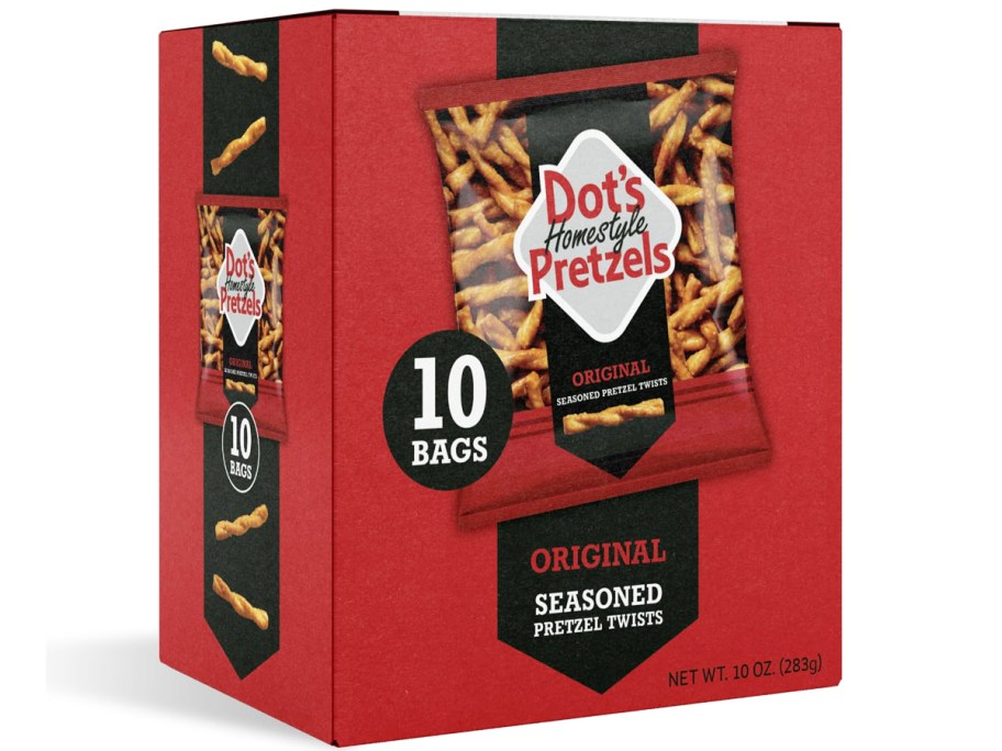 box of individual bags of Dot's Pretzels