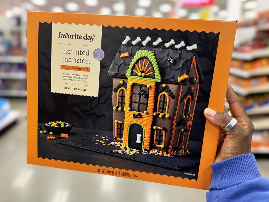 hand holding a Halloween Haunted Manor Cookie House Kit in store