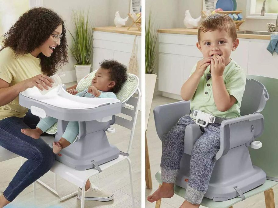 Fisher-Price SpaceSaver Simple Clean High Chair & Booster Seat images showing baby to toddler progression