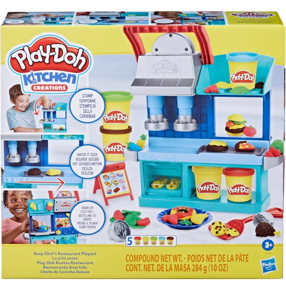 box with a blue Play-Doh Kitchen Creations Busy Chef's Restaurant Playset