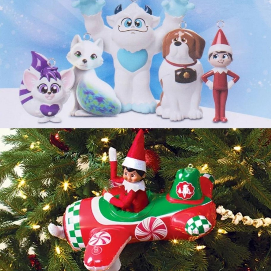 Elf on the The Shelf ornaments and an Elf in a plane flying into a Christmas tree